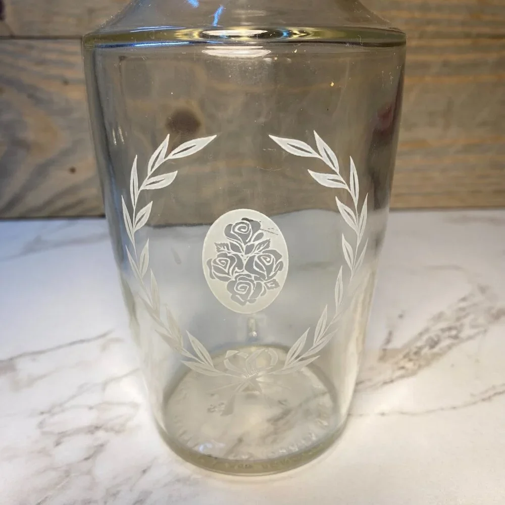 Clear Glass Decanter Etched Roses Laurel Wreath Bow Design with Corked Stopper